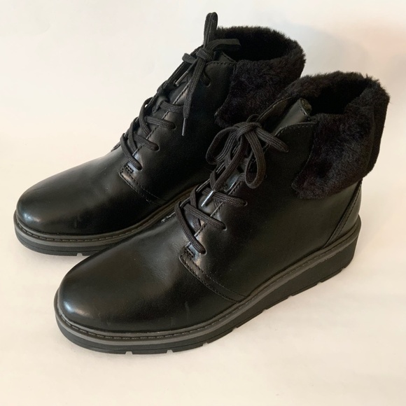 Clarks Andie Go Fur Lace-Up Black Leather Ankle Boots Casual Winter Booties 7.5 - Picture 10 of 13